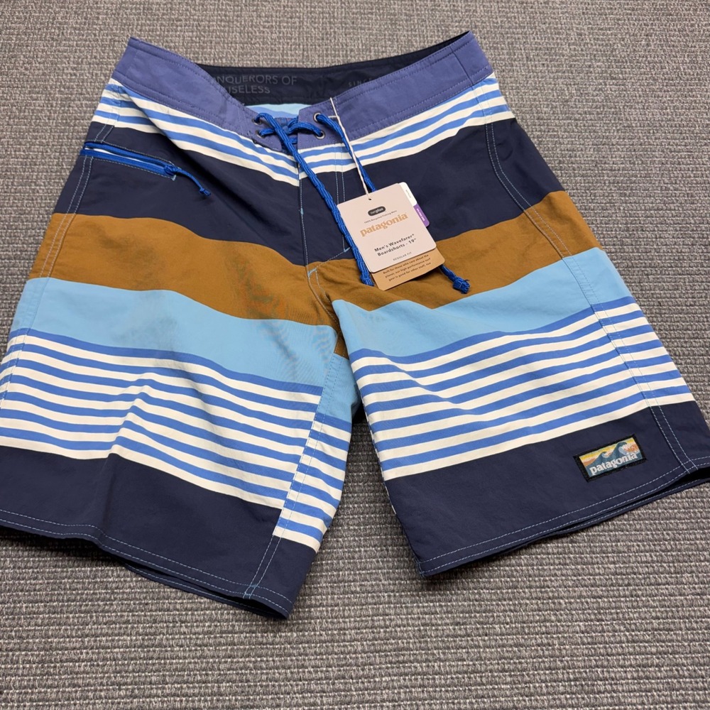 Patagonia Mens‎ Wavefarer Boardshorts 19 Blue Brown Striped NetPlus 28 86623
